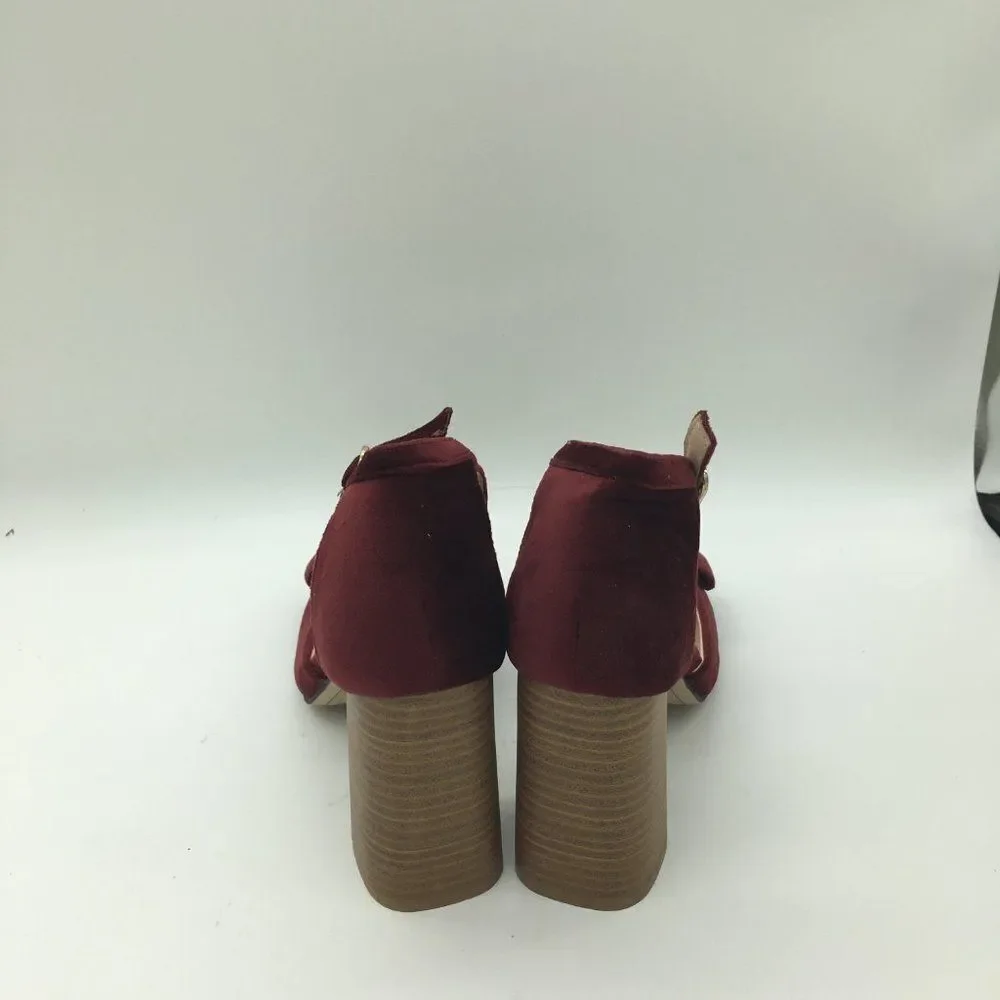 Red Round Toe Pumps Chunky Mid Heel Ankle Strap Dress Shoes - Picture 7 of 10